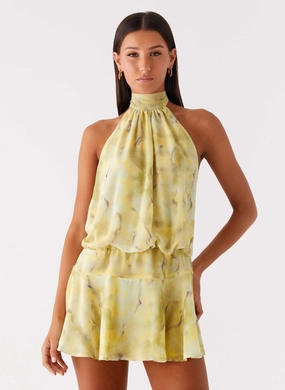 First Date Halter Mini Dress - Yellow Tie Dye Travel-friendly Soft Draping
