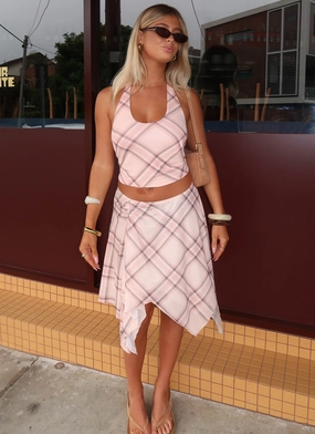 Chill Fit Adjustable Belt Loops Fit Check Midi Skirt - Pink Check