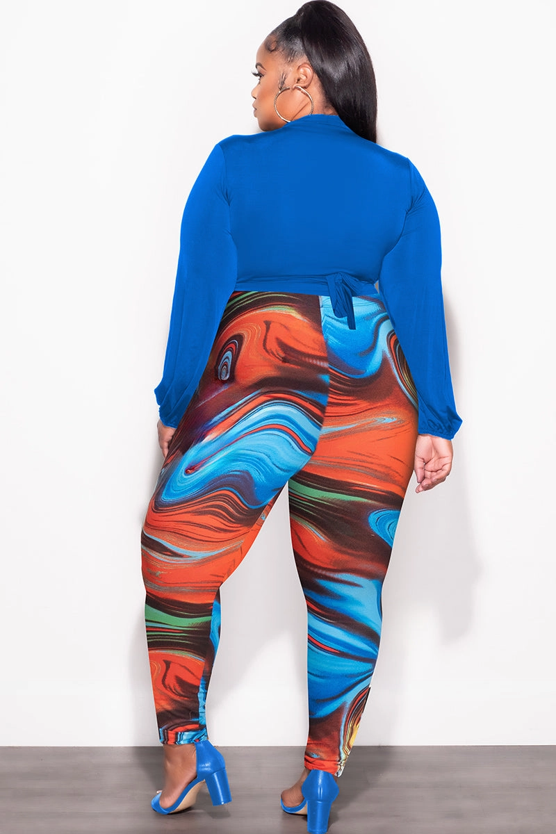 Perfectly Relaxed Final Sale Plus Size 2pc Wrap Top and Pants Set in Royal Blue Multi Color