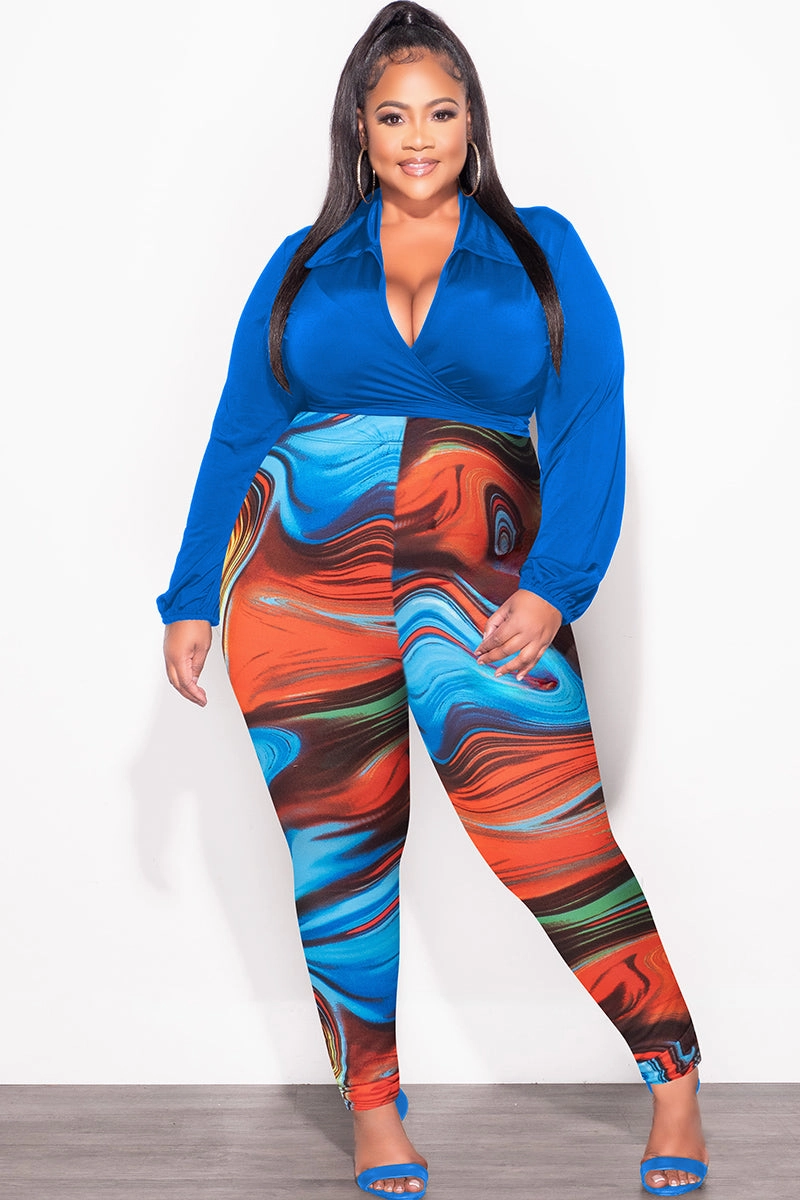 Casual Fit Design Final Sale Plus Size 2pc Wrap Top and Pants Set in Royal Blue Multi Color