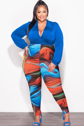 Final Sale Plus Size 2pc Wrap Top and Pants Set in Royal Blue Multi Color Comfort Control Moisture Wicking Fabric