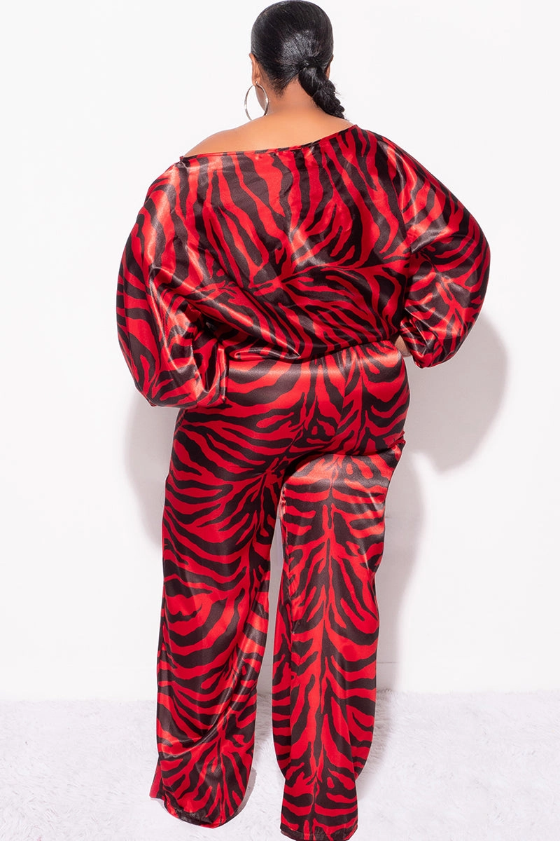 Final Sale Plus Size 2pc Satin Top and Palazzo Pants Set in Red and Black Zebra Print Easy Pack