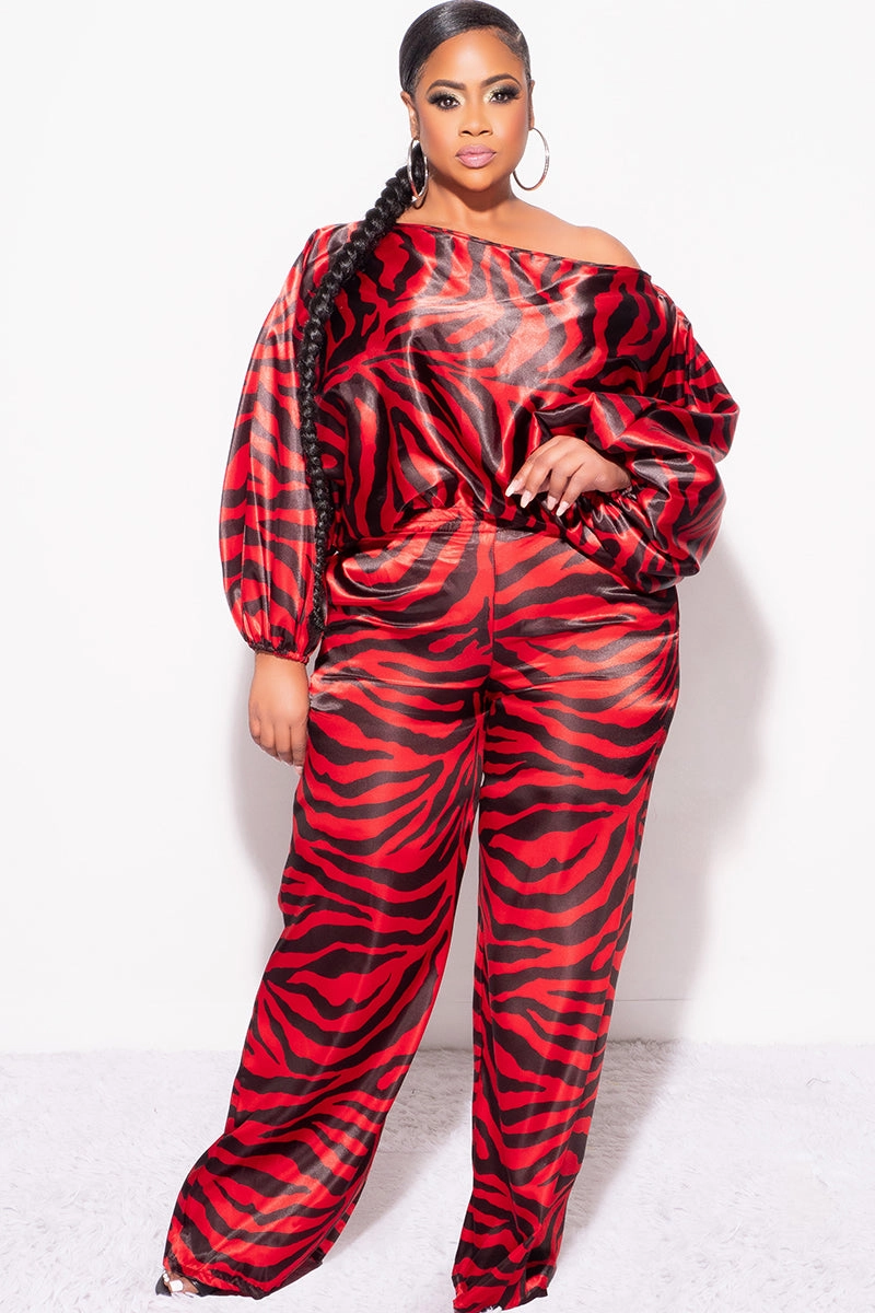 Final Sale Plus Size 2pc Satin Top and Palazzo Pants Set in Red and Black Zebra Print SeamlessPockets Wrinkle Resistant Finish