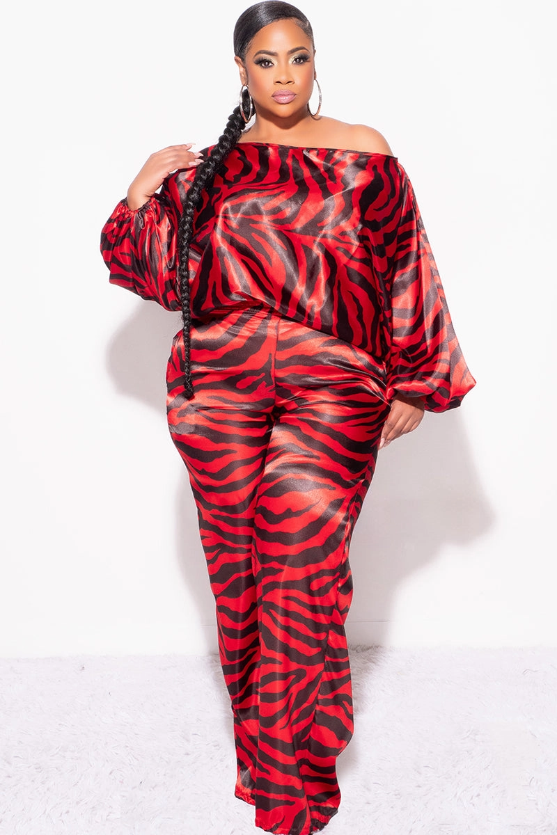 Comfort Base Final Sale Plus Size 2pc Satin Top and Palazzo Pants Set in Red and Black Zebra Print