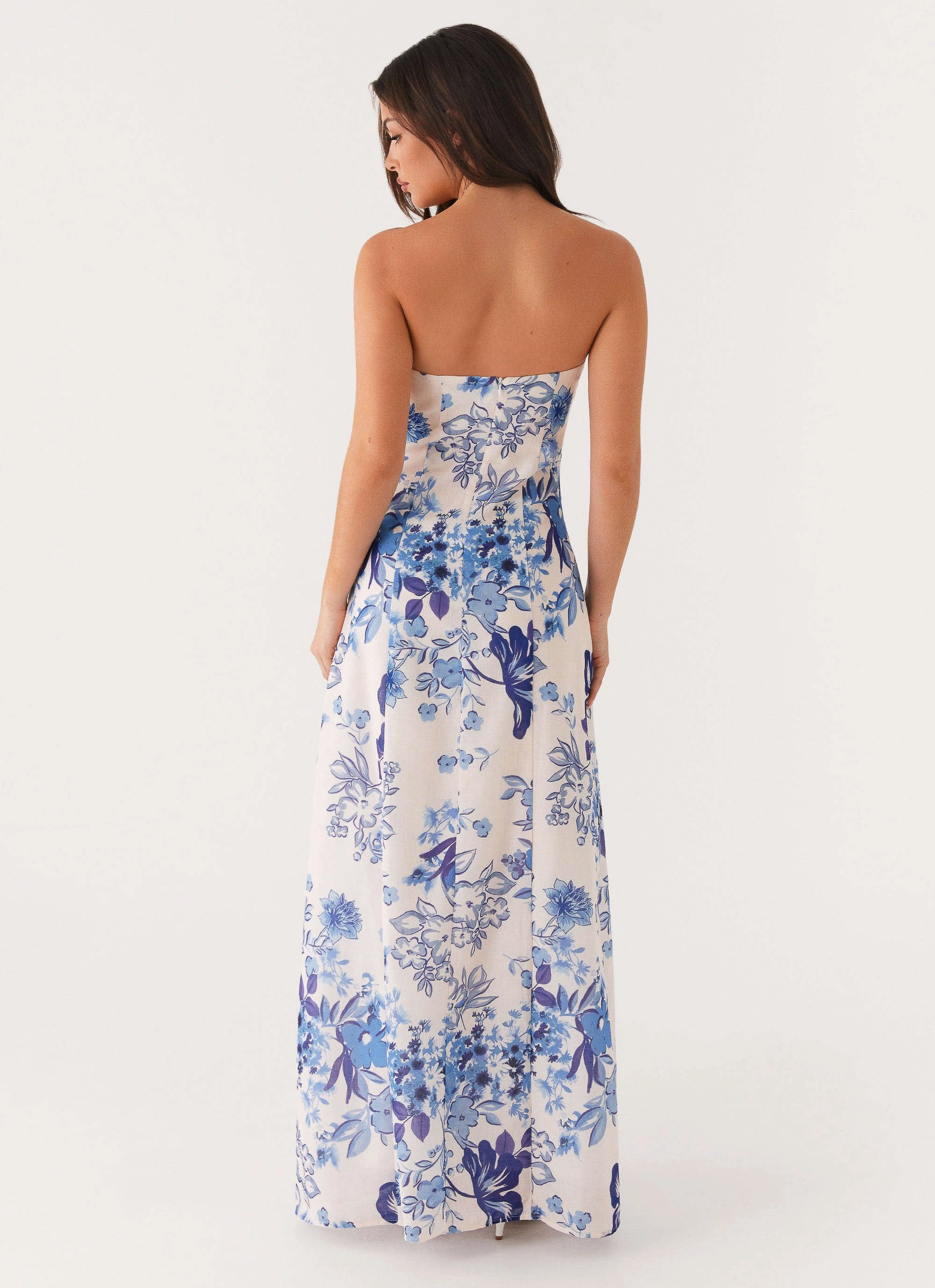 Tayla Linen Maxi Dress - Serene Sky Floral Party Safe Heart Tone
