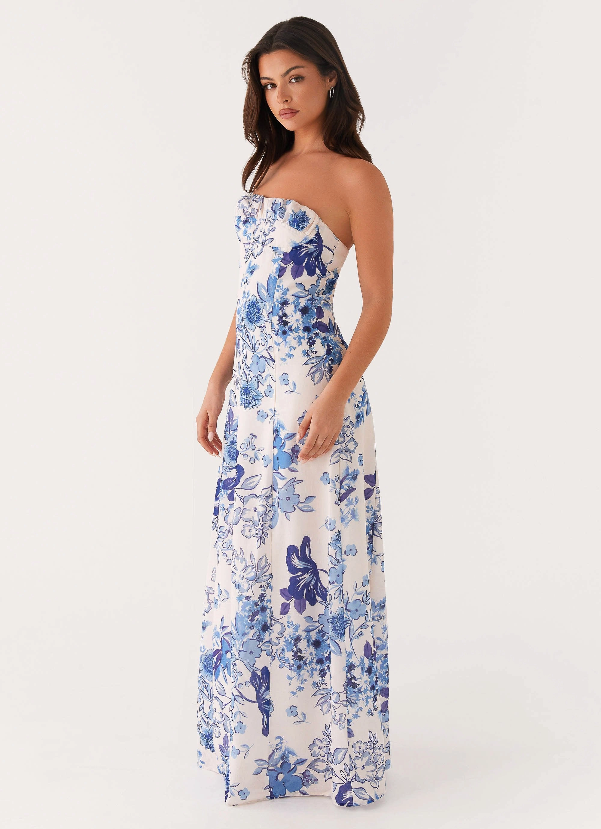 Tayla Linen Maxi Dress - Serene Sky Floral Pure Elegance
