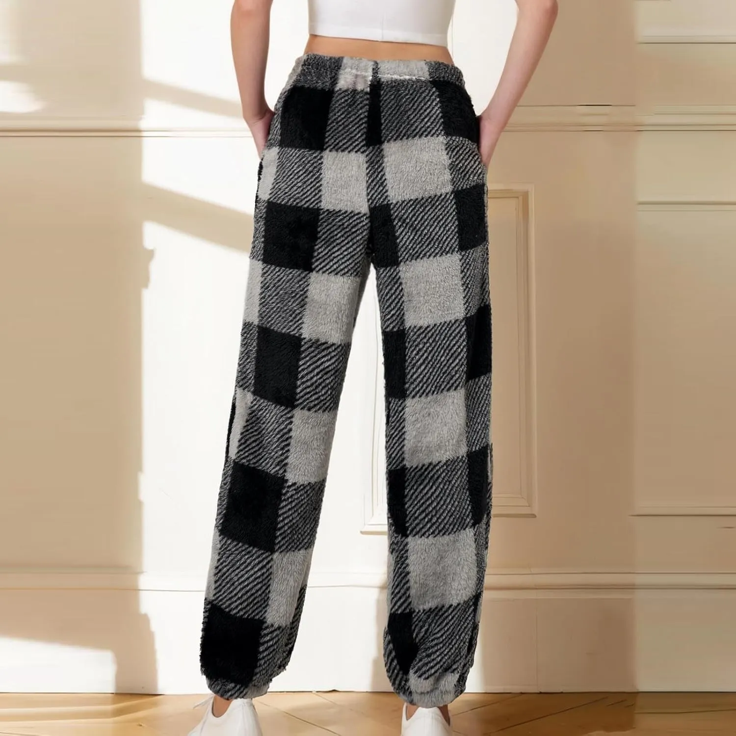 Flannel Pajamas Women Double-Sided Fleece Solid Color Plaid Pajama Pants Fuzzy Pajamas For Women Y2K Pants