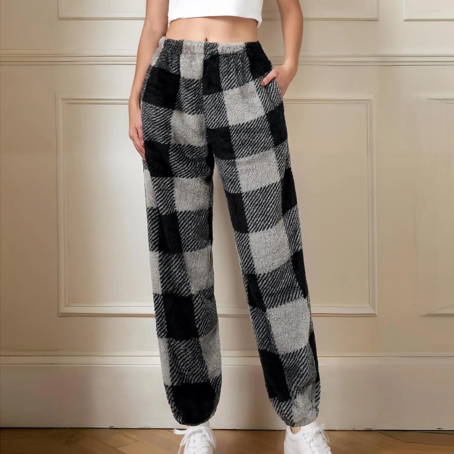 Flannel Pajamas Women Double-Sided Fleece Solid Color Plaid Pajama Pants Fuzzy Pajamas For Women Y2K Pants