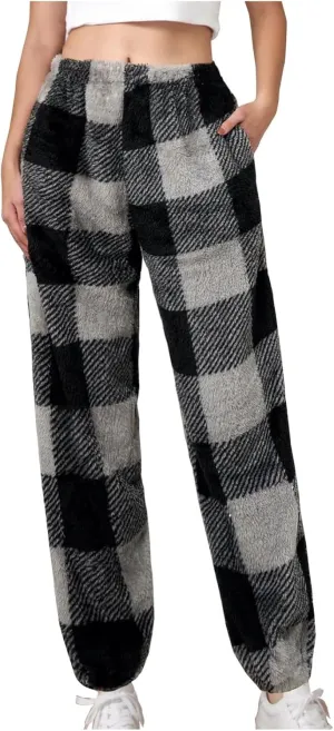 Flannel Pajamas Women Double-Sided Fleece Solid Color Plaid Pajama Pants Fuzzy Pajamas For Women Y2K Pants