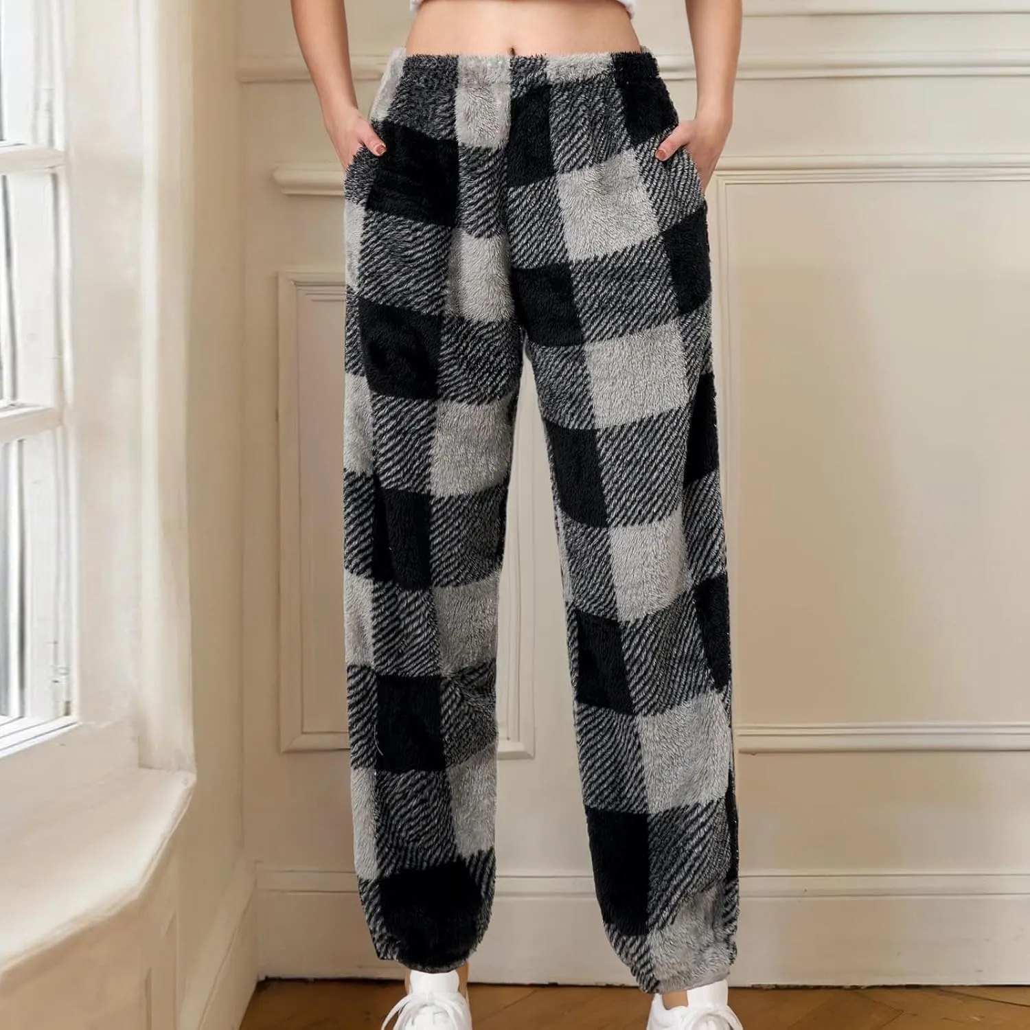 Flannel Pajamas Women Double-Sided Fleece Solid Color Plaid Pajama Pants Fuzzy Pajamas For Women Y2K Pants
