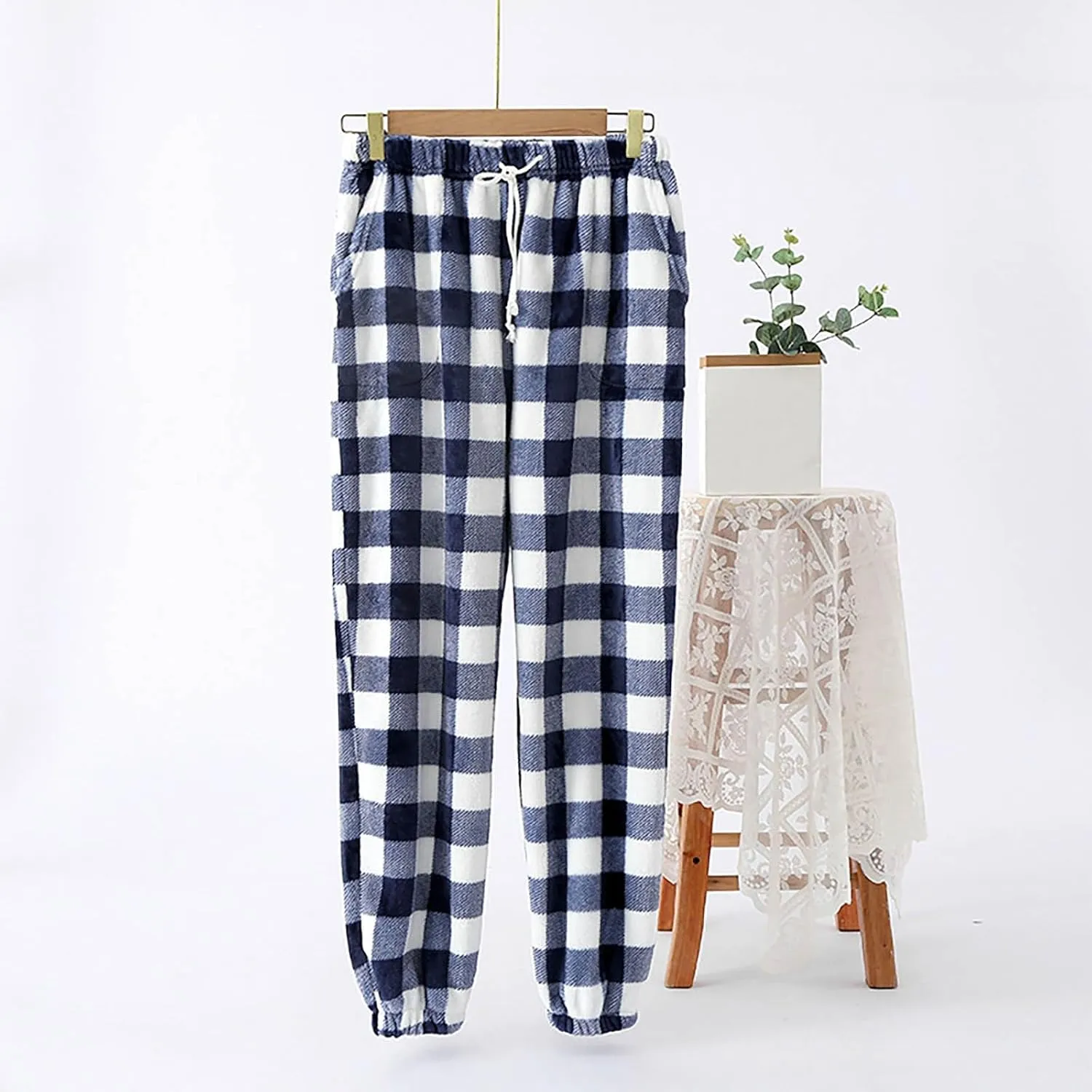 Flannel Pants for Women Plaid Pj Pants Fleece Fuzzy Lounge Pants Comfy Sleep Pants Warm Winter Trosuers Furry Pants