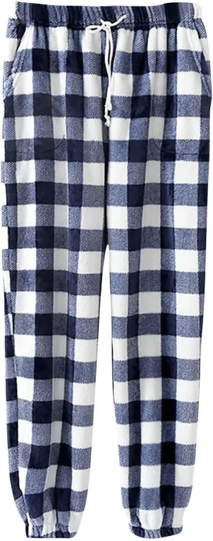 Flannel Pants for Women Plaid Pj Pants Fleece Fuzzy Lounge Pants Comfy Sleep Pants Warm Winter Trosuers Furry Pants