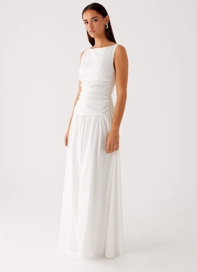 Carmel High Neck Maxi Dress - White Stud-Detail