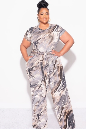 Final Sale Plus Size 2pc Crop Tie Top and Pants Set in Grey Multi Color Print breathable panels Bi Stretch Fabric