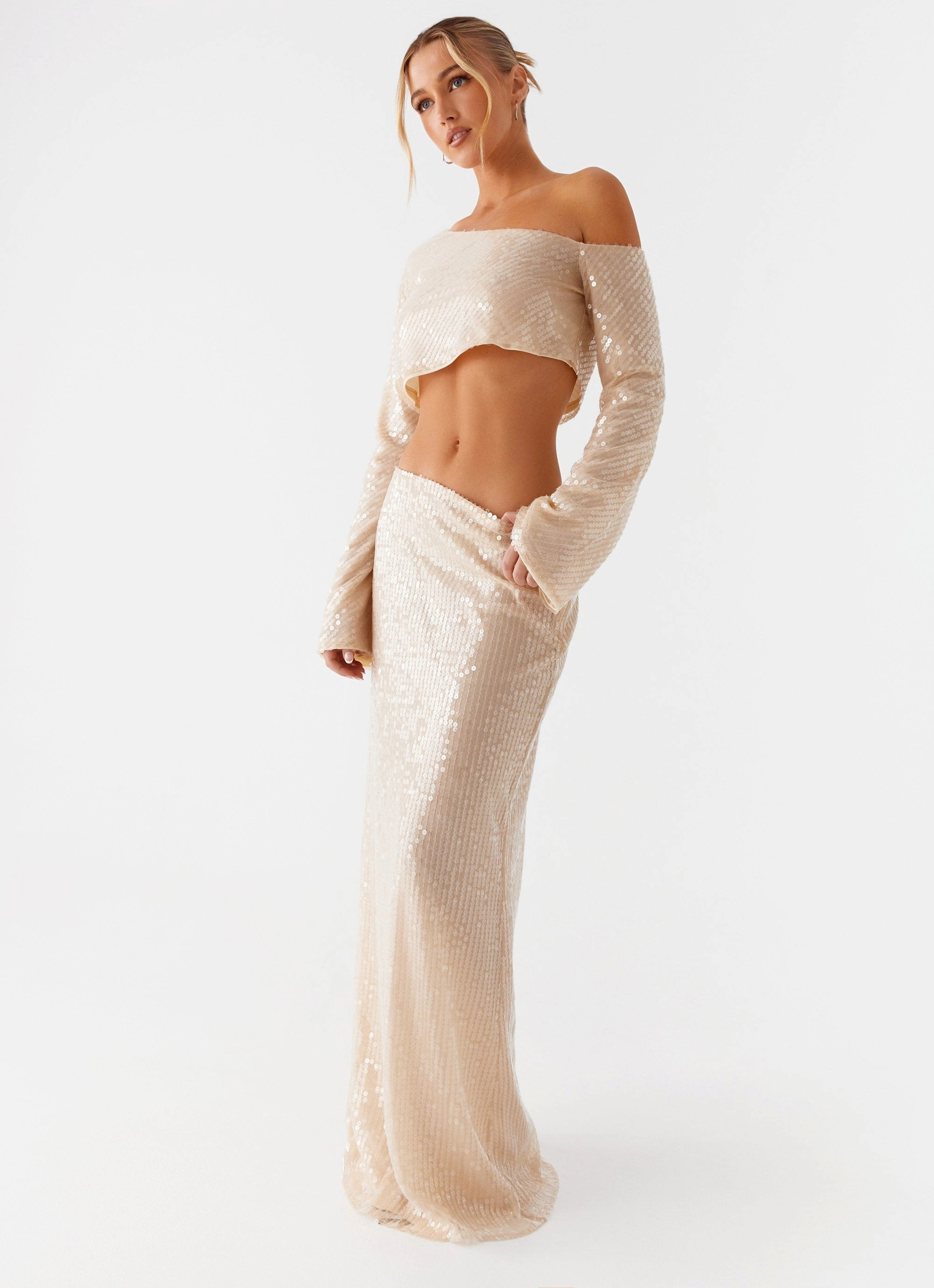 Wisteria Low Rise Sequin Maxi Skirt - Champagne Flexible Comfort