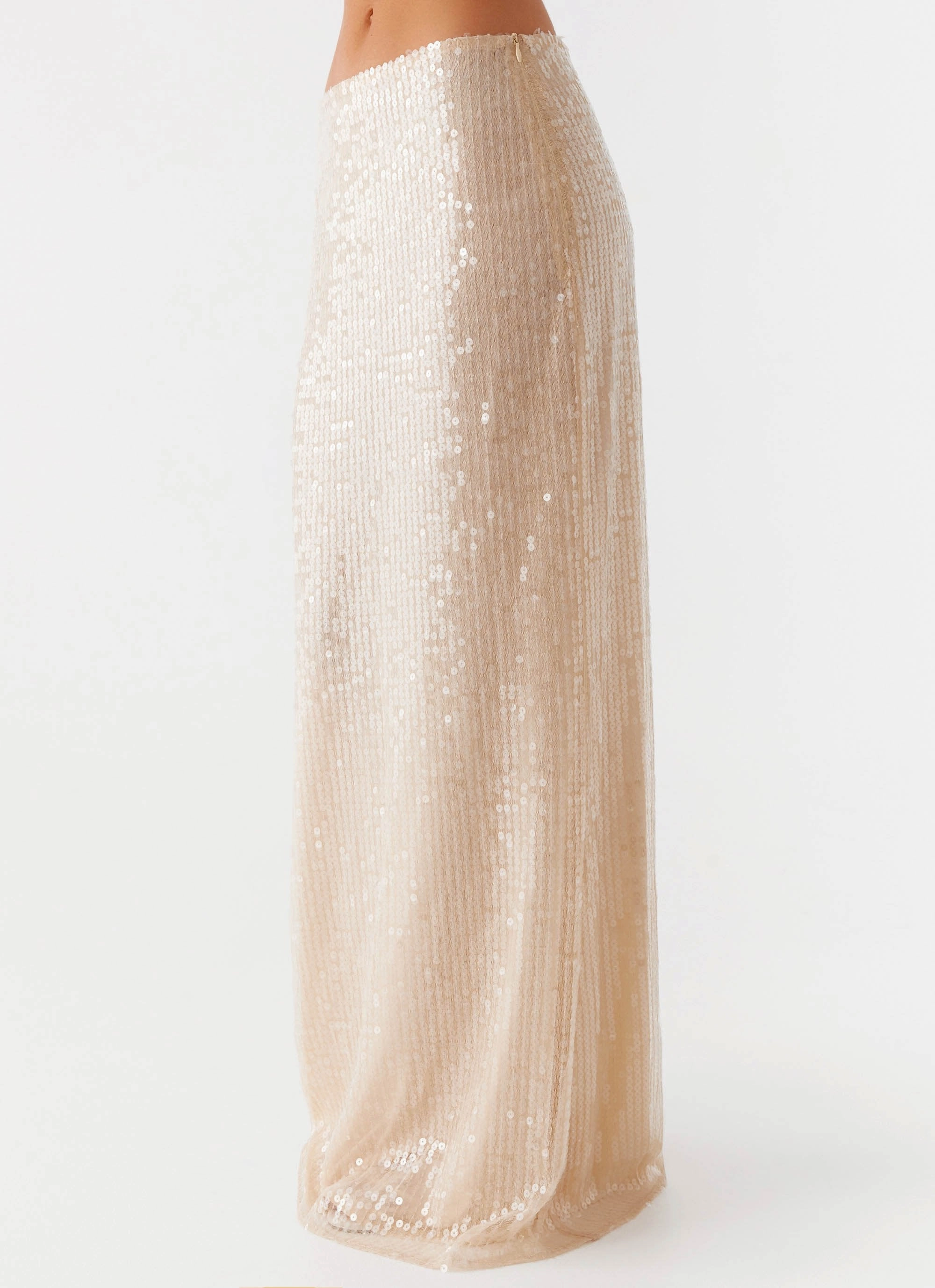 Eco Friendly Fabric Functional Stretch Wisteria Low Rise Sequin Maxi Skirt - Champagne