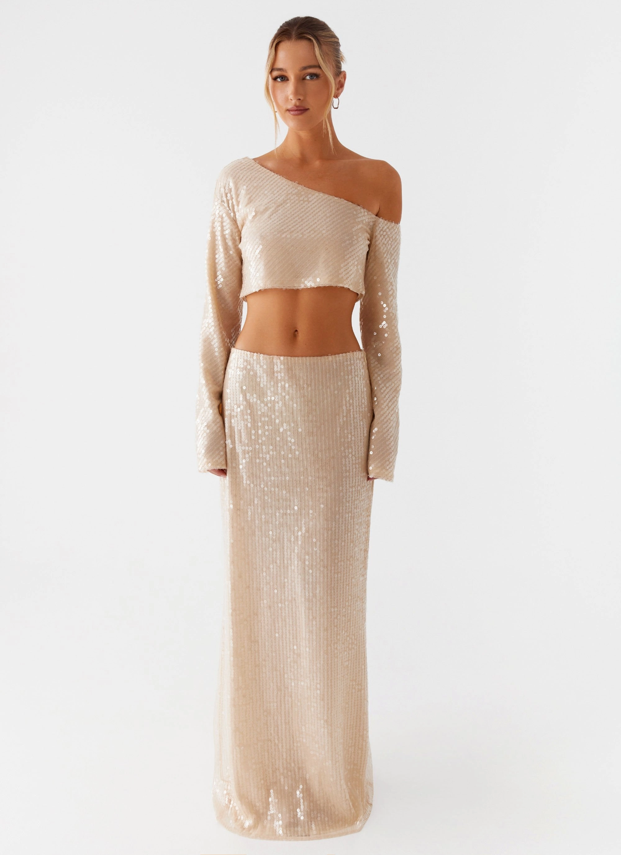 Slim Wear Design Wisteria Low Rise Sequin Maxi Skirt - Champagne
