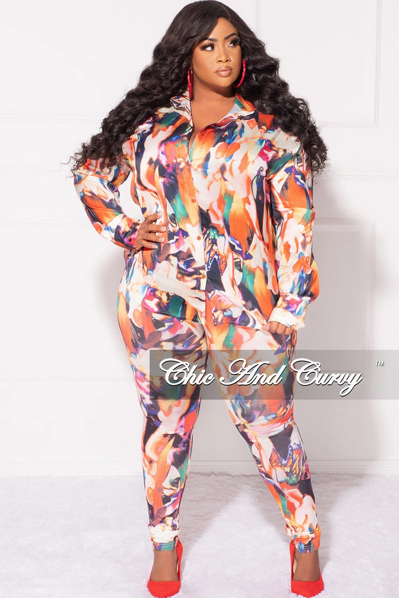 Quick Release Buckle Versatile Waist Final Sale Plus Size 2pc Button Up Shirt and Pants Set in Multi Color DaVinci Print