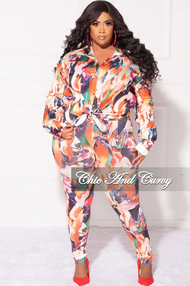 Quick Conversion Hem Final Sale Plus Size 2pc Button Up Shirt and Pants Set in Multi Color DaVinci Print