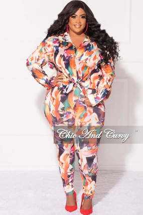 Metallic accents Final Sale Plus Size 2pc Button Up Shirt and Pants Set in Multi Color DaVinci Print