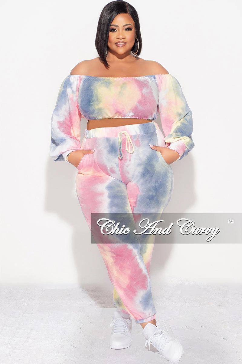 Final Sale Plus Size 2pc Crop Top and Pants Set in Pastel Rainbow Full Motion Flexible Fabric