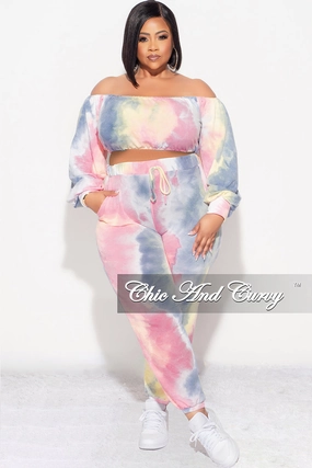 High Rise Final Sale Plus Size 2pc Crop Top and Pants Set in Pastel Rainbow