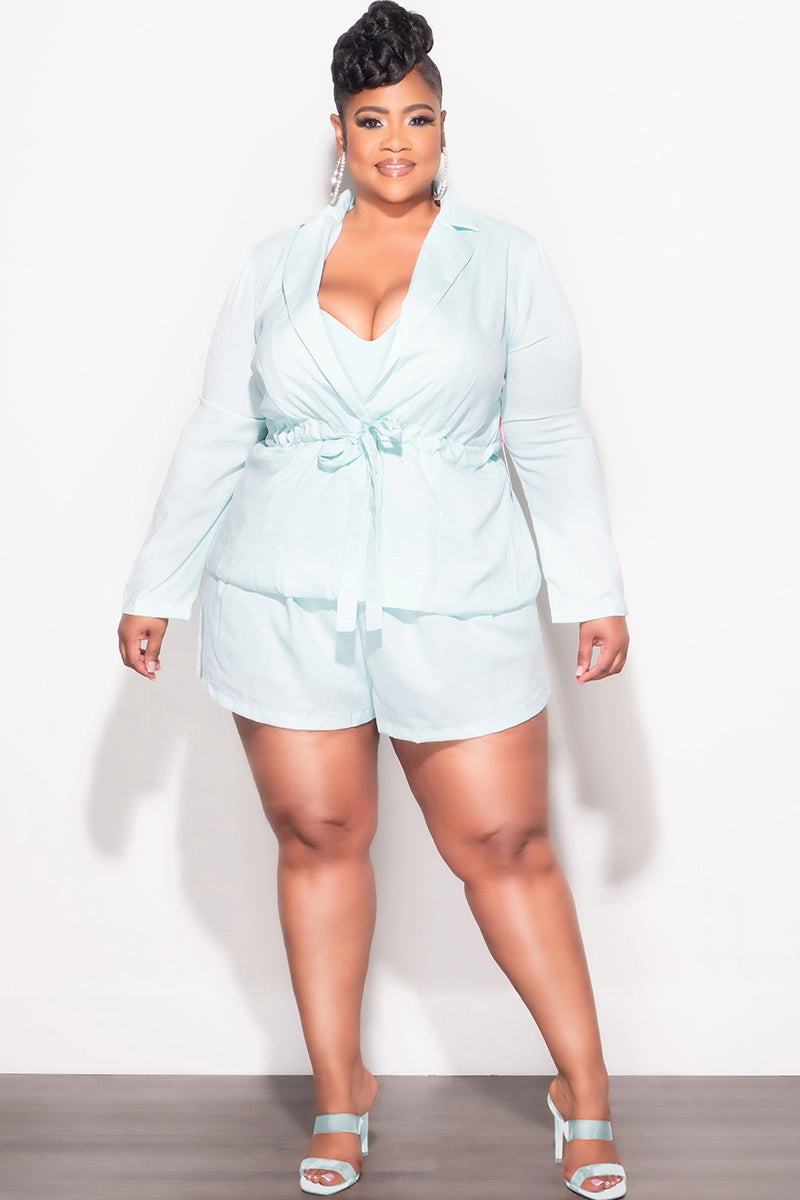 Final Sale Plus Size Faux Linen 2pc Short Set in Mint Chilly Weather Fit