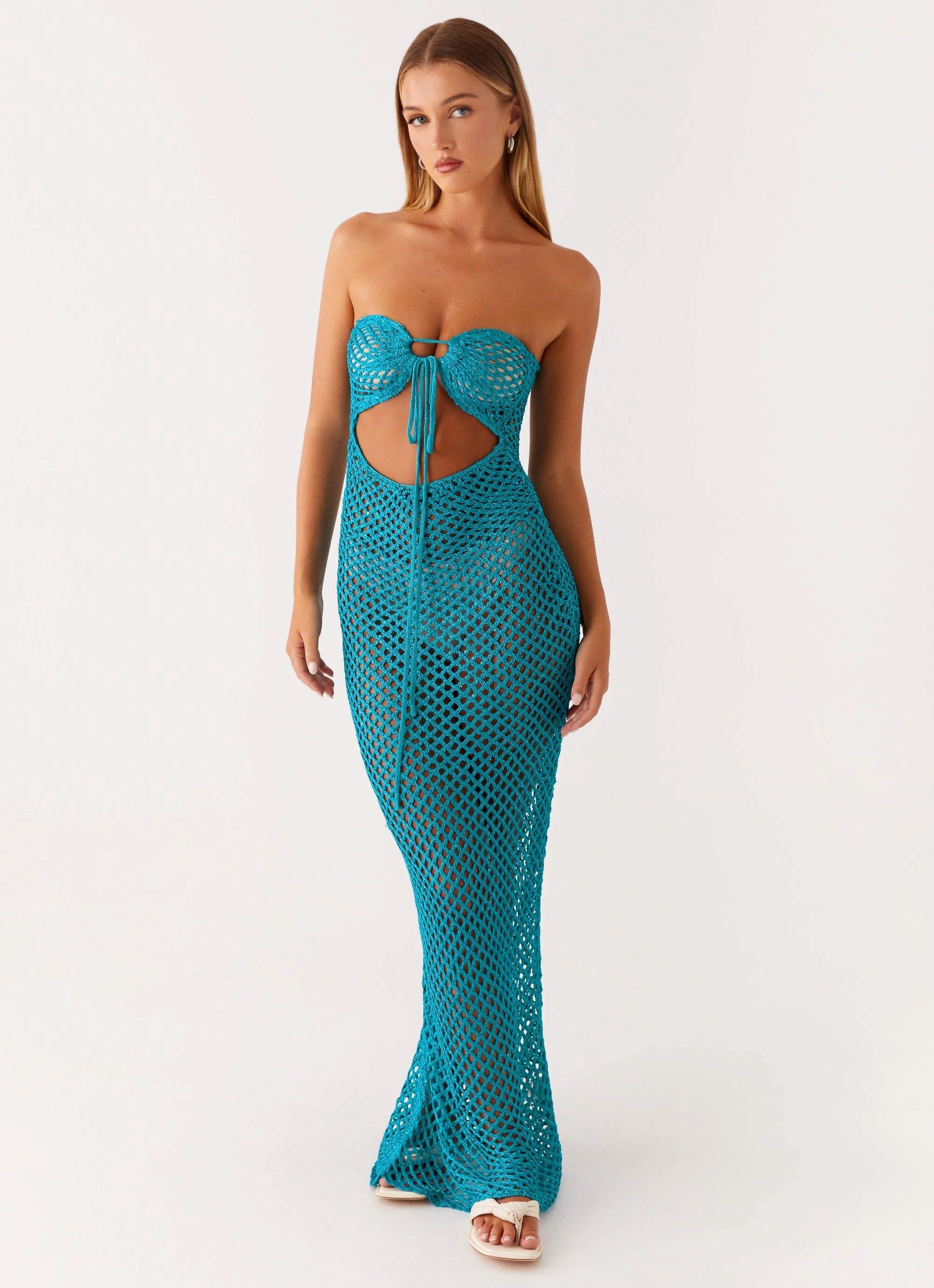 Earthy Hue Influencer-Approved Sun Kissed Crochet Maxi Dress - Blue