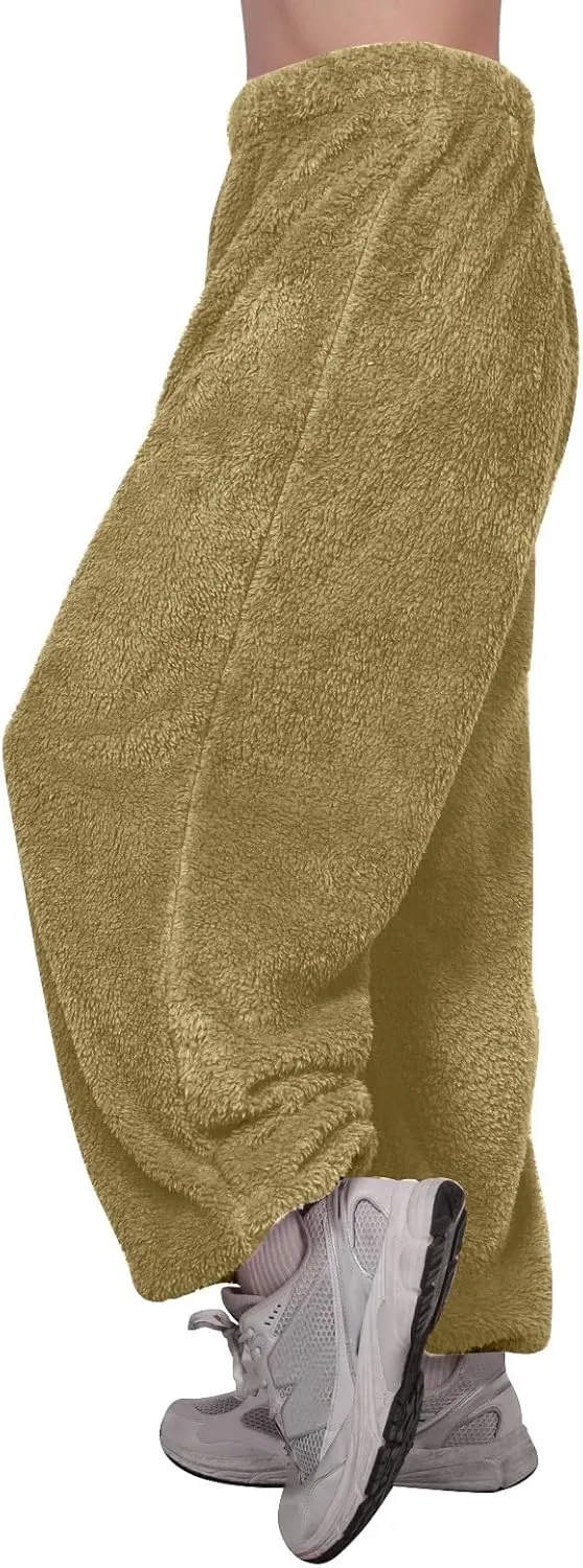 Fleece Pajama Pants Women Plus Size Reversible Fuzzy Pj Pants Soft Fluffy Warm Sleep Pants Comfy Wide Leg Loungewear