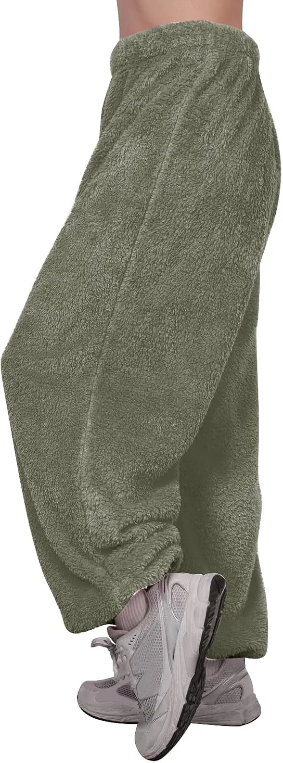 Fleece Pajama Pants Women Plus Size Reversible Fuzzy Pj Pants Soft Fluffy Warm Sleep Pants Comfy Wide Leg Loungewear