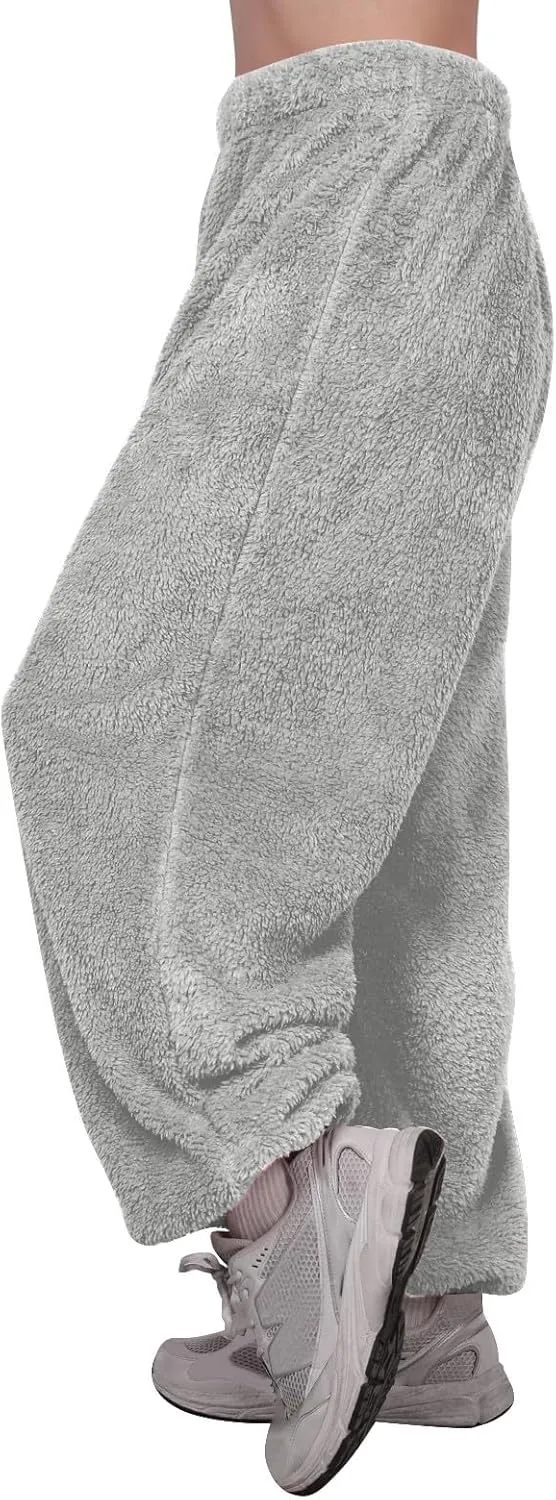 Fleece Pajama Pants Women Plus Size Reversible Fuzzy Pj Pants Soft Fluffy Warm Sleep Pants Comfy Wide Leg Loungewear