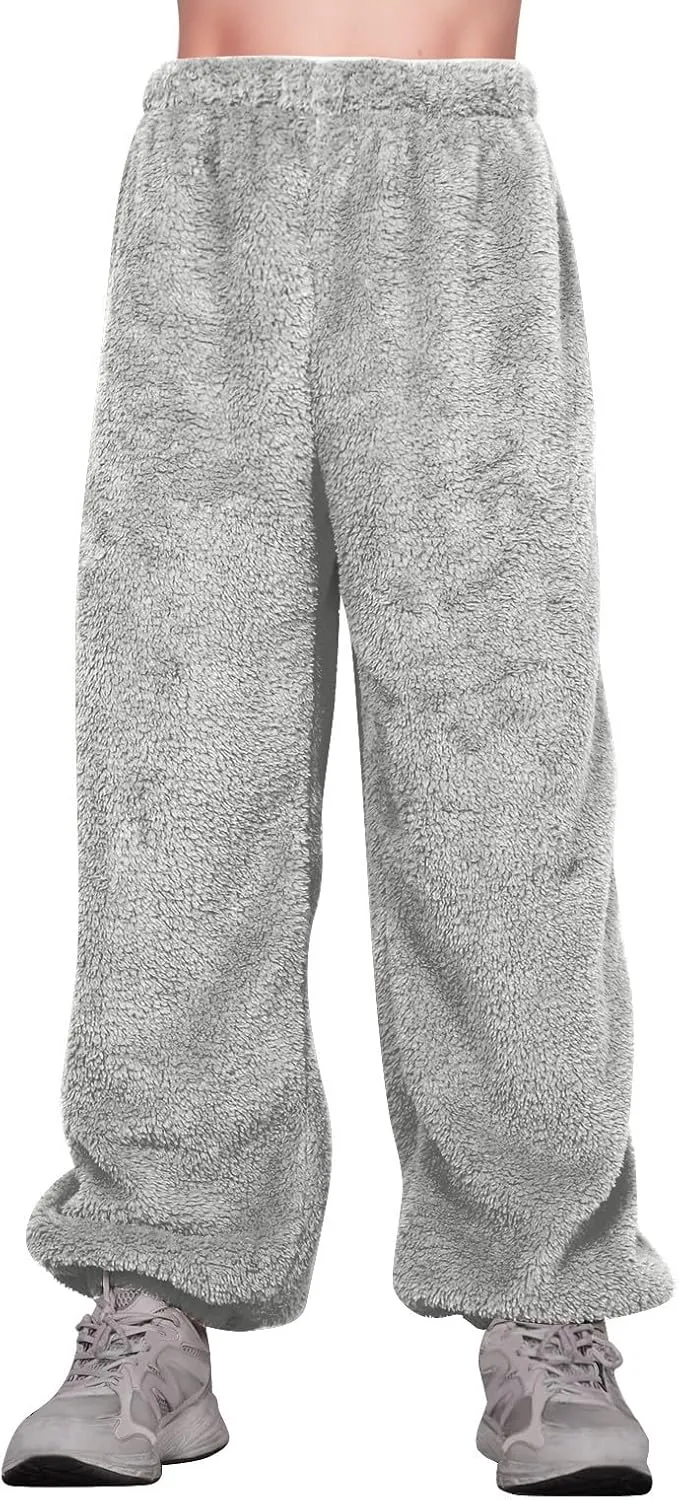 Fleece Pajama Pants Women Plus Size Reversible Fuzzy Pj Pants Soft Fluffy Warm Sleep Pants Comfy Wide Leg Loungewear
