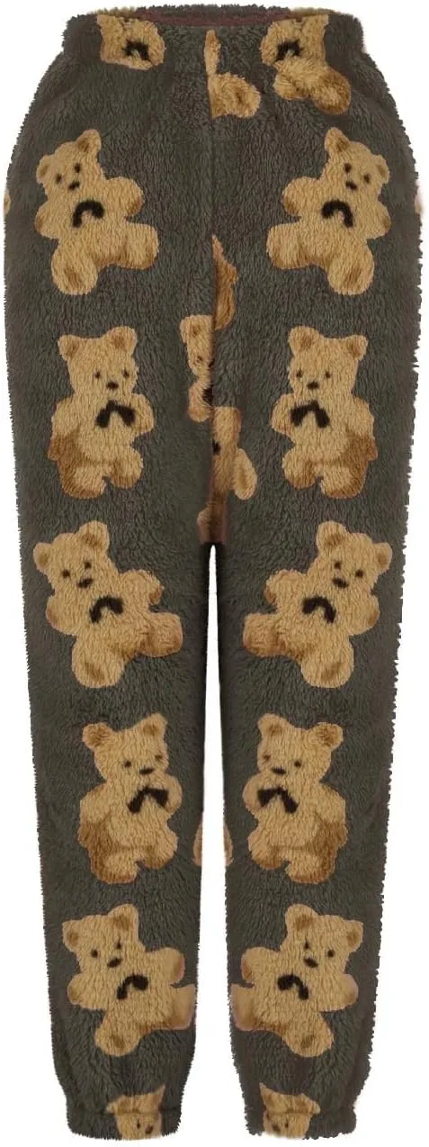 Fleece Pj Bottoms Women Plush Pajamas Pants Warm Fluffy Jogger Pants Cute Bear Pants Furry Lounge Pants with Pockets