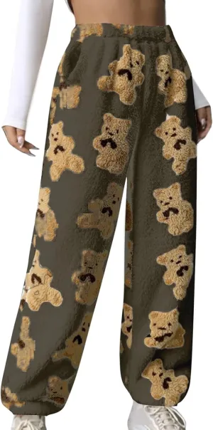 Fleece Pj Bottoms Women Plush Pajamas Pants Warm Fluffy Jogger Pants Cute Bear Pants Furry Lounge Pants with Pockets