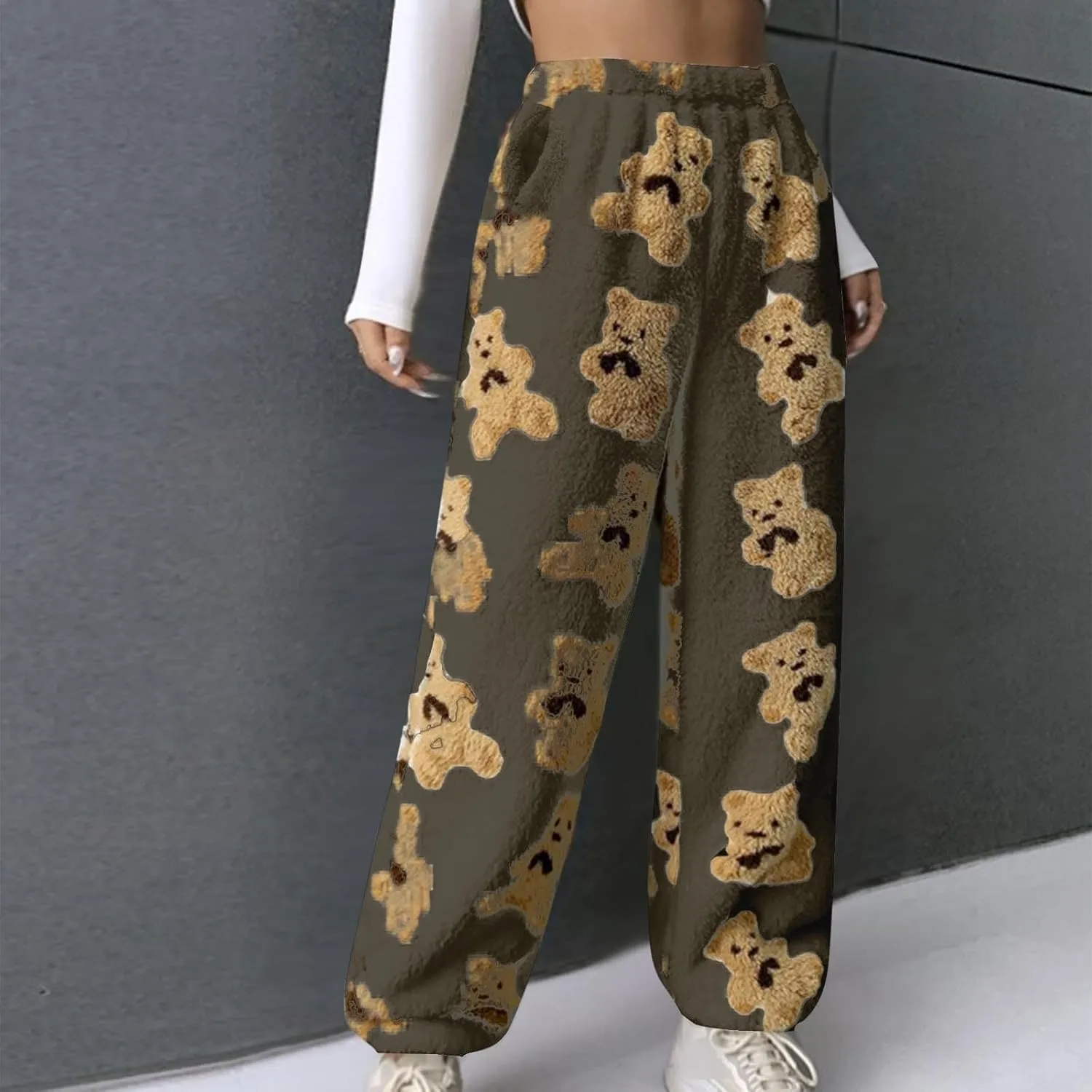 Fleece Pj Bottoms Women Plush Pajamas Pants Warm Fluffy Jogger Pants Cute Bear Pants Furry Lounge Pants with Pockets