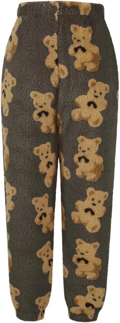 Fleece Pj Bottoms Women Plush Pajamas Pants Warm Fluffy Jogger Pants Cute Bear Pants Furry Lounge Pants with Pockets
