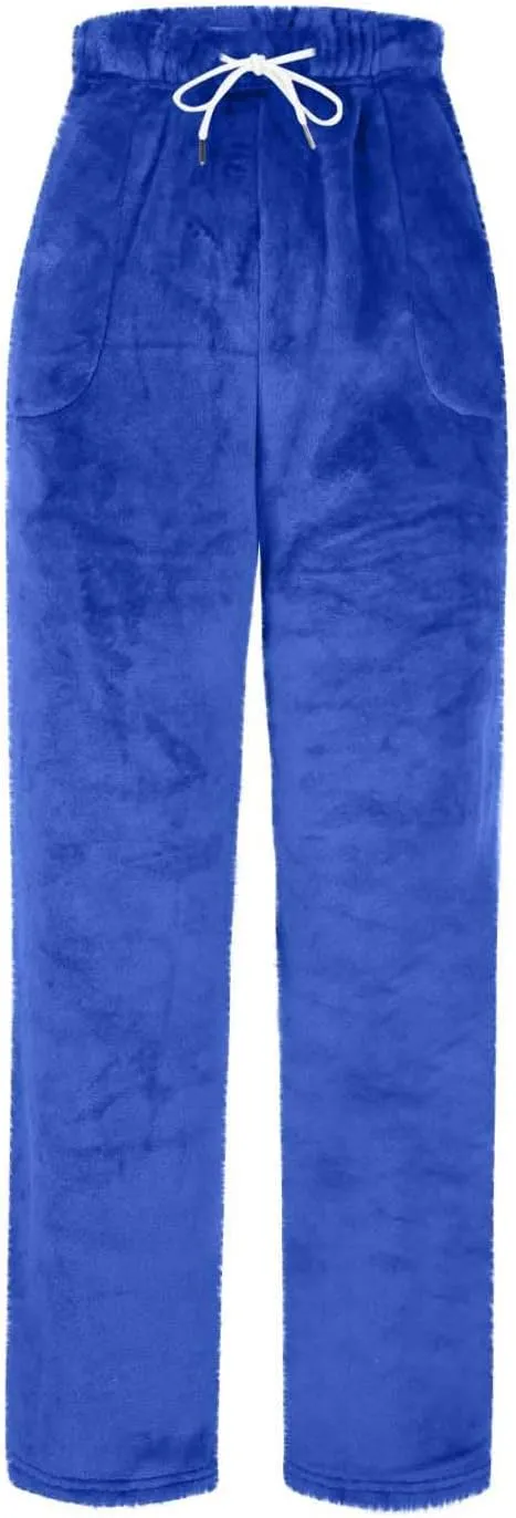 Fleece Pj Pants for Women Furry Pajamas Bottoms Comfy Soft Winter Pants Trousers Warm Fluffy Lounge Pants with Pocket