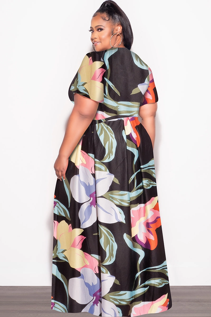 Final Sale Plus Size 2pc (Faux Wrap Crop Tie Top & Skirt) Set in  Black Multi Color Floral Print AntiStaticFinish