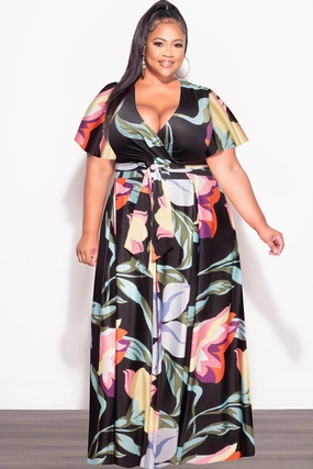 Final Sale Plus Size 2pc (Faux Wrap Crop Tie Top & Skirt) Set in  Black Multi Color Floral Print Work Friendly Stretchable Fabric