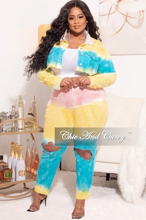 Final Sale Plus Size 2pc Set Distressed Denim Jacket & Pants in Turquoise, Yellow, & Peach Tie Dye Slim Look