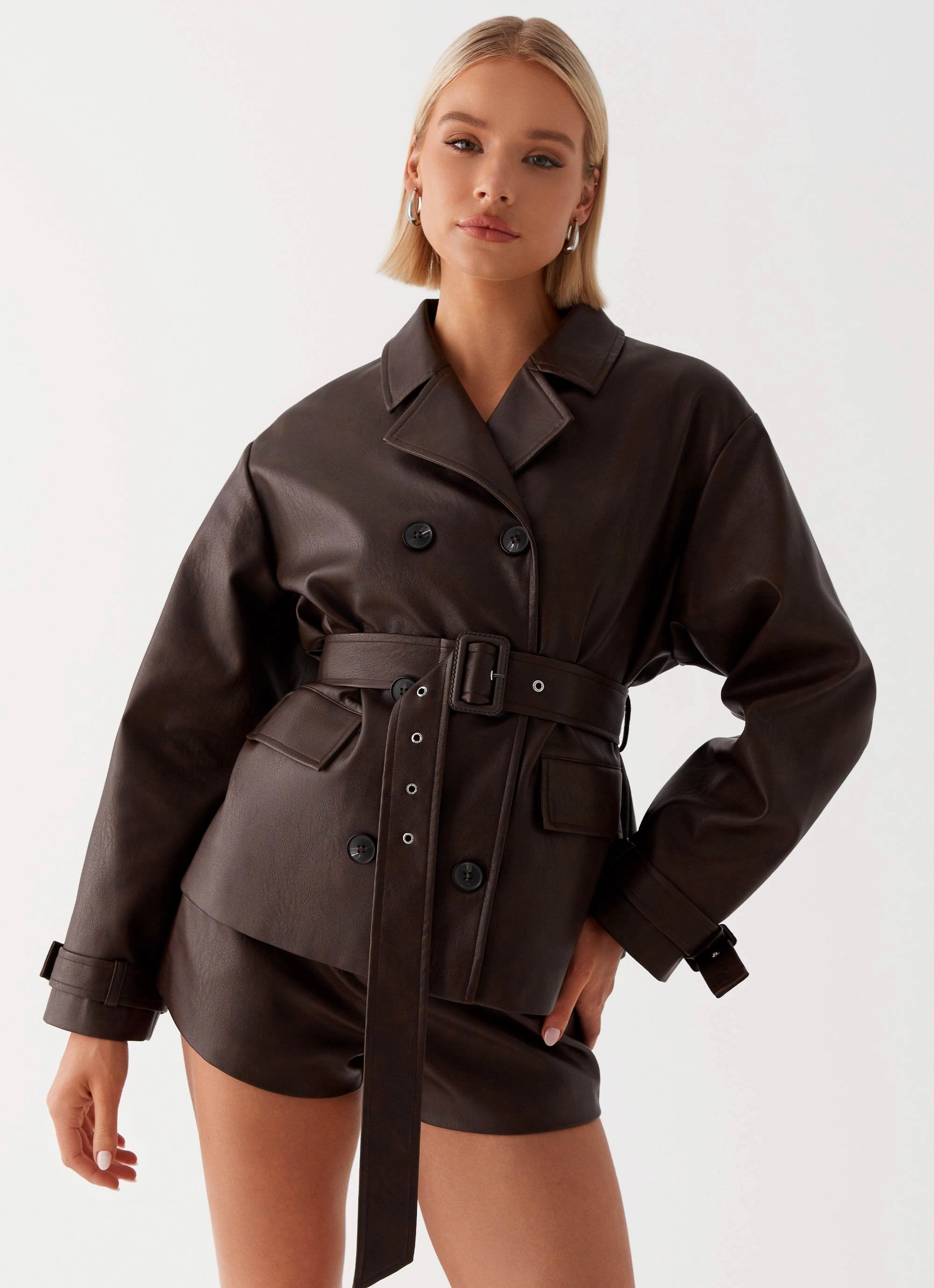 Francisco Cropped Trench Coat - Brown Four Way Stretch Material Contoured Silhouette