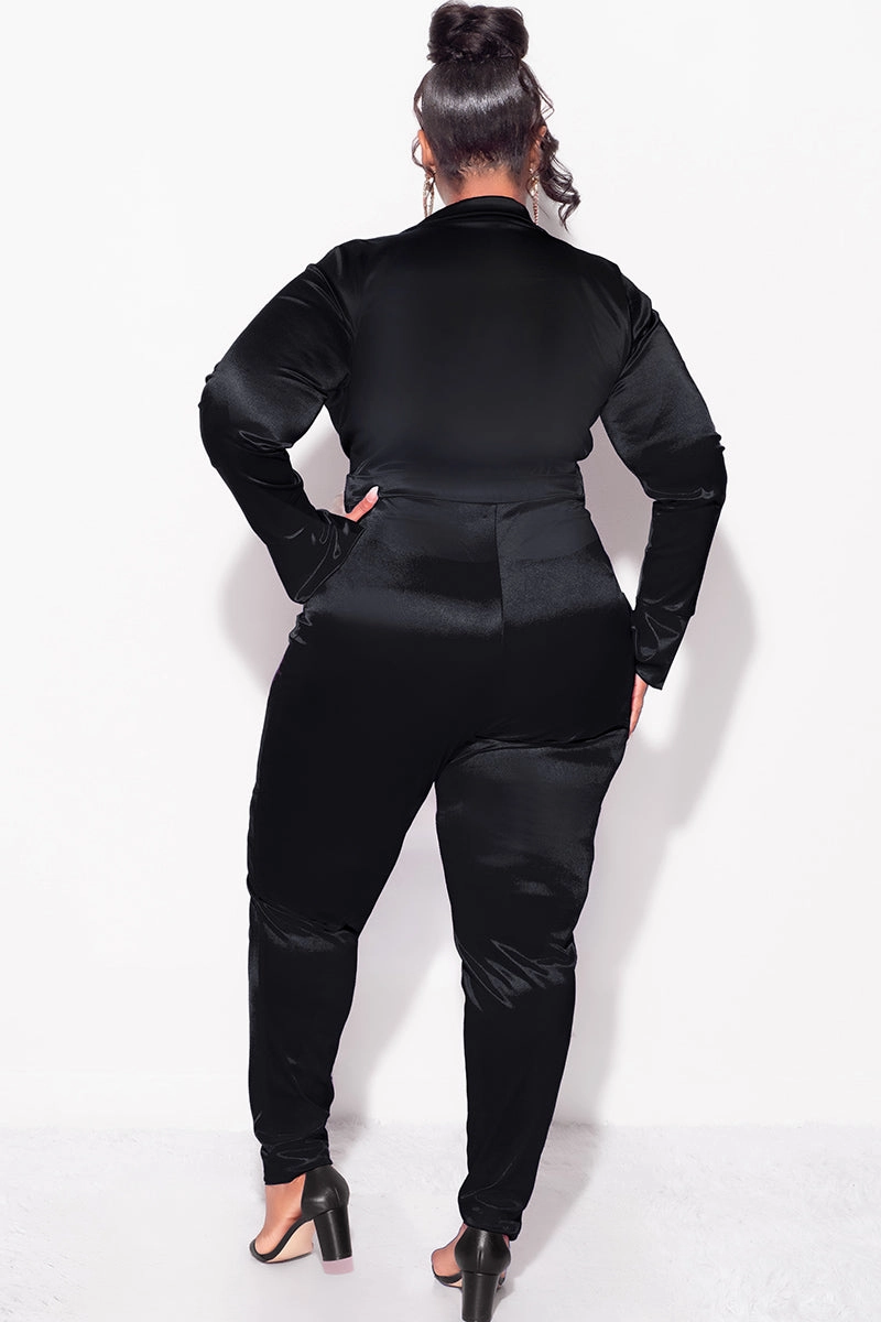 Final Sale Plus Size 2-Piece Satin Collared Faux Wrap Bodysuit and Pants Set in Black Quick Dry Fit Smart Fit