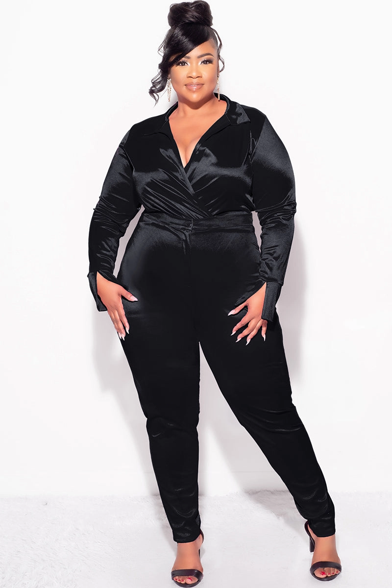 Final Sale Plus Size 2-Piece Satin Collared Faux Wrap Bodysuit and Pants Set in Black Flared bottom