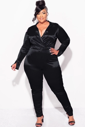 Breathable Stretch Wear NonRestrictiveFit Final Sale Plus Size 2-Piece Satin Collared Faux Wrap Bodysuit and Pants Set in Black