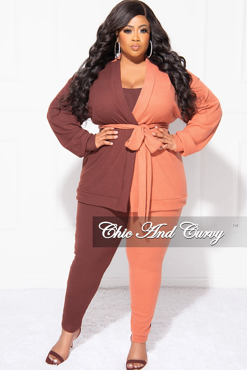 Final Sale Plus Size 2pc Ribbed Cardigan Top and Pants Set in Brown and Orange ColorBlock ripstop fabric Flexible Use