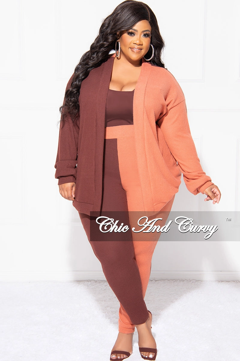 Fashion Forward Daily Style Final Sale Plus Size 2pc Ribbed Cardigan Top and Pants Set in Brown and Orange ColorBlock