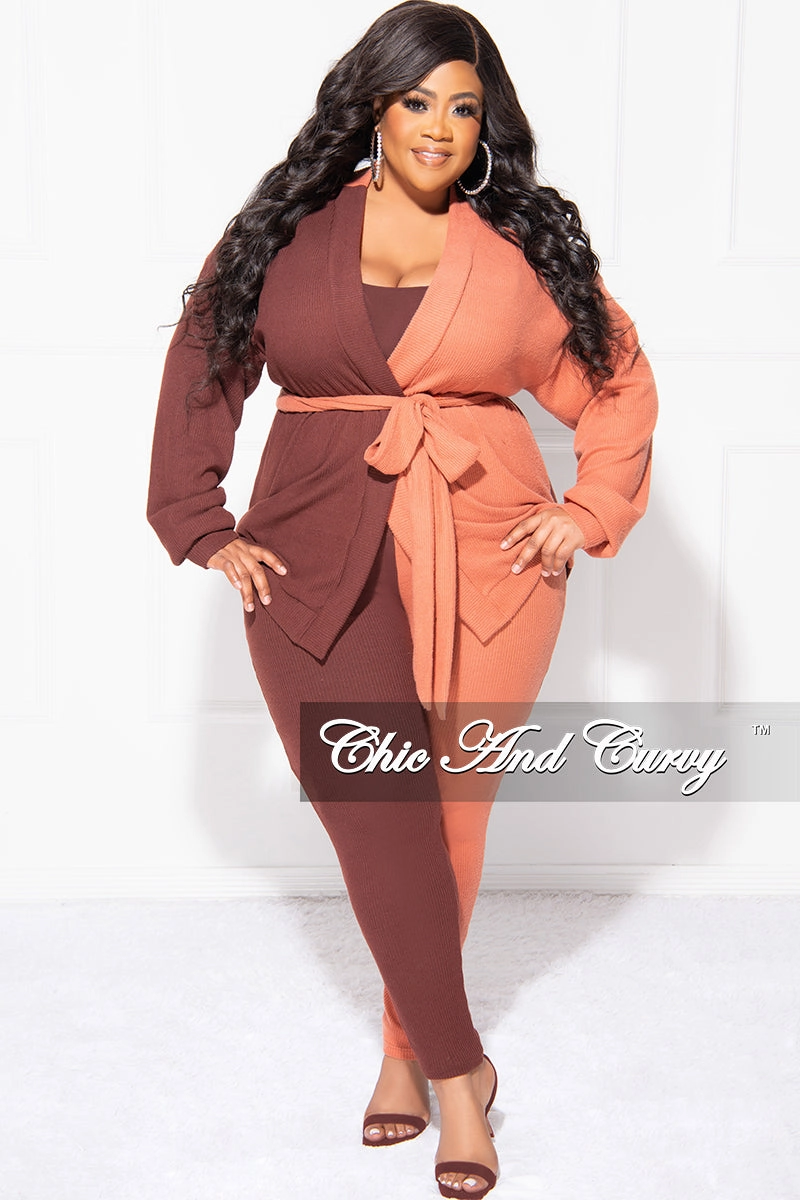 Final Sale Plus Size 2pc Ribbed Cardigan Top and Pants Set in Brown and Orange ColorBlock Trendy Design WaterproofTechnology