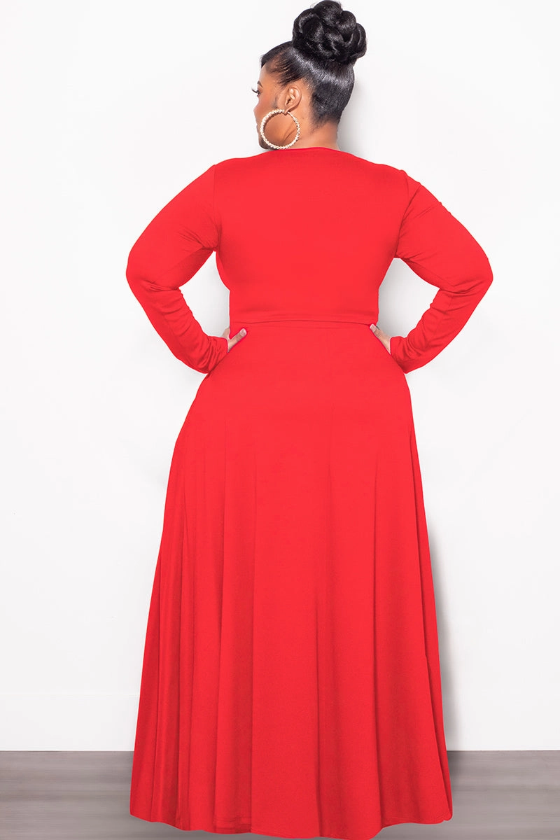 Flatlock Seams Final Sale Plus Size 2pc Maxi Skirt Set with Round Neck in Red (Set not a dress)