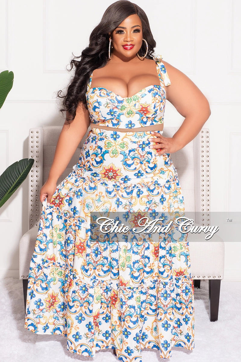 Final Sale Plus Size 2pc Skirt Set with Sleeveless Crop Top in White and Royal Blue Multi Color Breathable mesh design EasyCareFabric