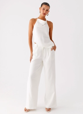 ErgonomicArticulatedDesign Flat Lock Seams Delong Low Rise Linen Pants - White